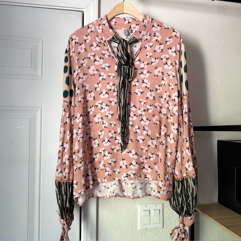 BLANK LONDON pink striped floral pull long sleeve tie neck blouse‎ shirt top